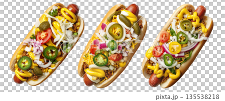 Colombia Perro Caliente Hot Dog Colombiano topped with mustard, red onions, pickles, tomatoes, isolated on white background Colombia Perro Caliente Hot Dog Colombiano topped with mustard, red onions, pickles, tomatoes, isolated on white background 135538218