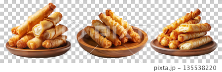 Fried cheese sticks wrapped in dough or spring rolls stacked in pile, isolated on white background, concept of Venezuela snack Fried cheese sticks wrapped in dough or spring rolls stacked in pile, isolated on white background, concept of Venezuela snack 135538220
