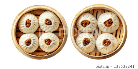 Chinese steamed buns Char Siu Bao with sweet barbecued pork filling in bamboo steamer basket isolated on white 135538241