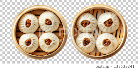 Chinese steamed buns Char Siu Bao with sweet barbecued pork filling in bamboo steamer basket isolated on white 135538241