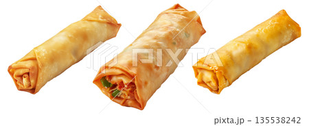 Crispy golden spring rolls with flaky texture shown isolated on white transparent background, Asian snack concept 135538242