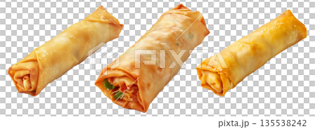 Crispy golden spring rolls with flaky texture shown isolated on white transparent background, Asian snack concept Crispy golden spring rolls with flaky texture shown isolated on white transparent background, Asian snack concept 135538242