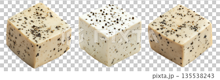 Cubes of seasoned tofu with visible herbs and spices, arranged in stack isolated on white transparent background 135538243