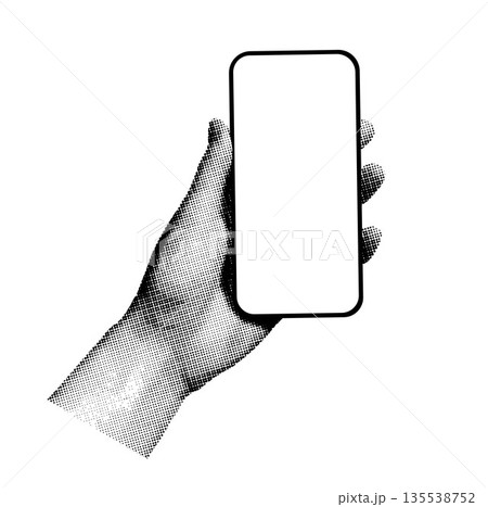 Hand holding a smartphone, modern vector collage in a halftone black and white style. Minimalist pop art illustration, conceptualizing technology, communication, and modern life. Hand holding a smartphone, modern vector collage in a halftone black and white style. Minimalist pop art illustration, conceptualizing technology, communication, and modern life. 135538752