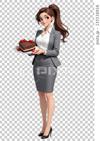 情人節插畫，一位身著職業套裝的職業女性手捧巧克力蛋糕，全身正面照。 135538916