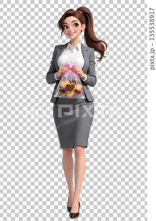 情人節插畫，一位身著職業套裝的職業女性手捧一塊心形餅乾，全身正面照。 135538917