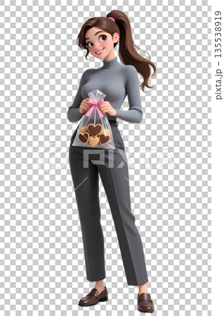 情人節插畫，一位穿著褲裝的女子手捧一塊心形餅乾，站立著，全身正面照。 135538919