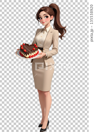 情人節插畫，一位穿著西裝的女士手捧巧克力蛋糕，全身正面照。 135538920