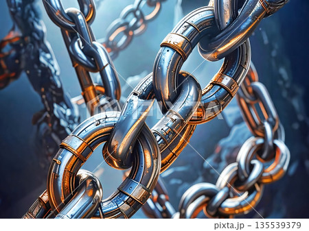 重厚な金属チェーンのクローズアップでつながりと強固な結束を象徴する3Dイメージイラスト 135539379