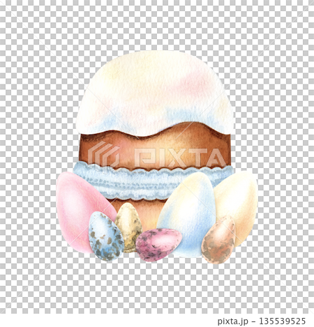 Watercolor Easter tradition cake tied with lace ribbon, small, large eggs. Quail and chicken painted eggs, kulich icing in pastel colors. Symbol of religion spring celebration. Isolated Illustration Watercolor Easter tradition cake tied with lace ribbon, small, large eggs. Quail and chicken painted eggs, kulich icing in pastel colors. Symbol of religion spring celebration. Isolated Illustration 135539525