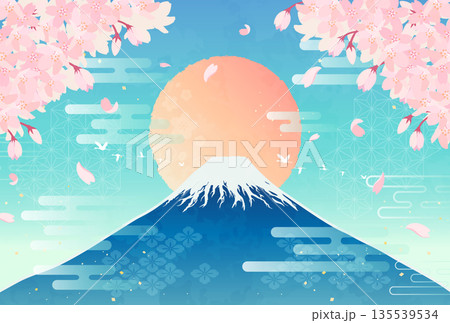 桜と富士山と日の出のイラスト_横1 桜と富士山と日の出のイラスト_横1 135539534