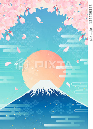 桜と富士山と日の出のイラスト_縦1 桜と富士山と日の出のイラスト_縦1 135539538