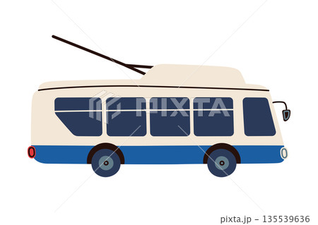 Cute trolleybus in childlike doodle style, vector flat cartoon illustration with friendly mood. Urban public transport for kids education, traffic themes, games and playful city scenes Cute trolleybus in childlike doodle style, vector flat cartoon illustration with friendly mood. Urban public transport for kids education, traffic themes, games and playful city scenes 135539636