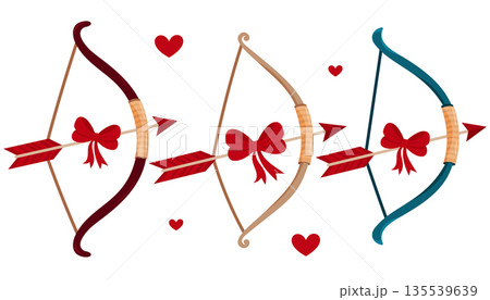 Colorful illustration of decorative bows and arrows with hearts for romantic themes 135539639