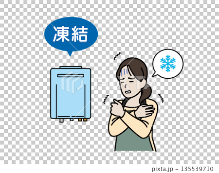 Illustration of a housewife having trouble with her gas water heater freezing 135539710