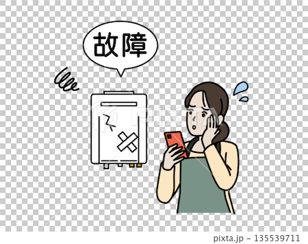 一幅家庭主婦因燃氣熱水器故障而陷入困境的插圖 135539711