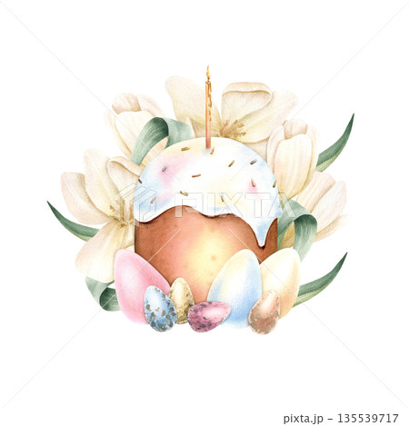 Happy Easter floral composition with icing cake, lit candle, painted eggs in pastel spring color. Delicate tulip flowers, Religious bakery, small, large eggs. Watercolor isolated illustration 135539717