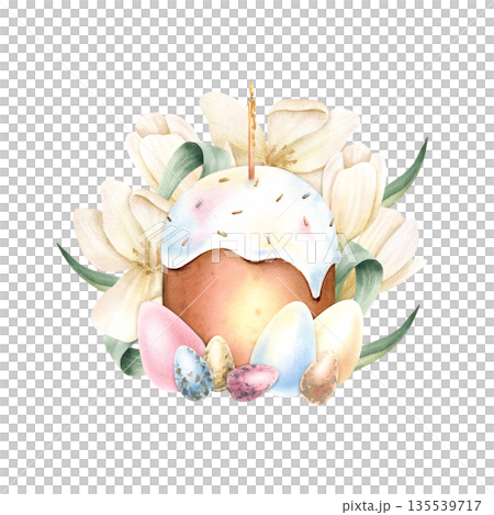 Happy Easter floral composition with icing cake, lit candle, painted eggs in pastel spring color. Delicate tulip flowers, Religious bakery, small, large eggs. Watercolor isolated illustration 135539717
