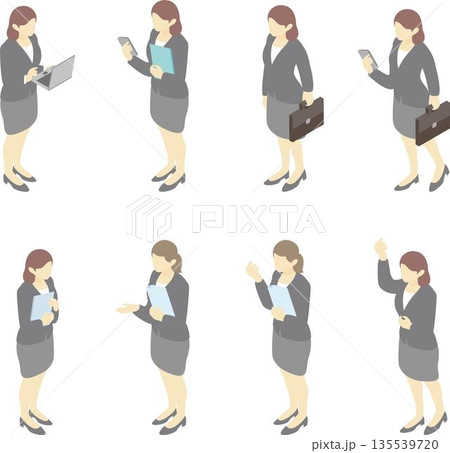 アイソメトリックなビジネスウーマンのイラストセット。ノートパソコンやスマホを操作する女性会社員 135539720