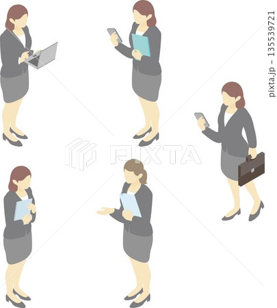 アイソメトリックなビジネスウーマンのイラストセット。ノートパソコンやスマホを操作する女性会社員 135539721
