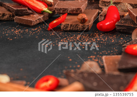 Spicy dark chocolate pieces with red chili pepper on black background 135539755