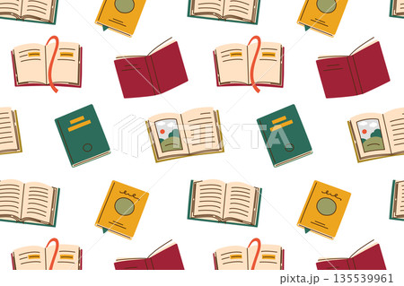 Seamless pattern with paper books for reading hobby, vector flat cartoon illustration in cozy style. Books with decorative covers and bookmarks for education, libraries, stationery 135539961