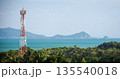 Mobile communication tower above tropical forest with turquoise sea, distant island mountains, wide blue sky 135540018