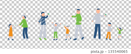 一組描繪一個家庭發現四葉草的插圖 一組描繪一個家庭發現四葉草的插圖 135540065