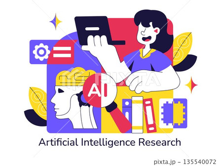 Artificial Intelligence Research Vector Illustration Featuring Data Analysis, Neural Network Technology, and Innovation in a Flat Style Background 135540072