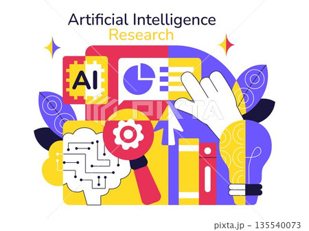 Artificial Intelligence Research Vector Illustration Featuring Data Analysis, Neural Network Technology, and Innovation in a Flat Style Background 135540073