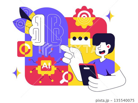 Artificial Intelligence Research Vector Illustration Featuring Data Analysis, Neural Network Technology, and Innovation in a Flat Style Background 135540075