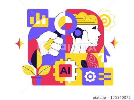 Artificial Intelligence Research Vector Illustration Featuring Data Analysis, Neural Network Technology, and Innovation in a Flat Style Background 135540076