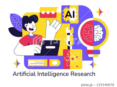 Artificial Intelligence Research Vector Illustration Featuring Data Analysis, Neural Network Technology, and Innovation in a Flat Style Background 135540078