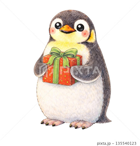 【クリスマス】色鉛筆風のプレゼントを抱くコウテイペンギンのイラスト 135540123