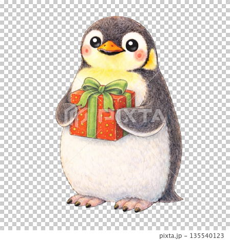 【クリスマス】色鉛筆風のプレゼントを抱くコウテイペンギンのイラスト 135540123