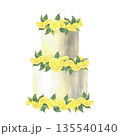 Wedding cake decorated with fresh lemon slices and leaves. Hand drawn watercolor illustration. Italian or Mediterranean bakery dessert for invitations, birthday party decor. Isolated from background 135540140