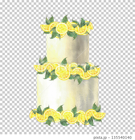 Wedding cake decorated with fresh lemon slices and leaves. Hand drawn watercolor illustration. Italian or Mediterranean bakery dessert for invitations, birthday party decor. Isolated from background 135540140