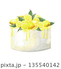 Watercolor cake with lemon fruit. Baking sponge cake, white dessert with yellow icing and whole lemons and slices with leaves. Hand drawn isolated from background clipart for wedding, birthday party. 135540142