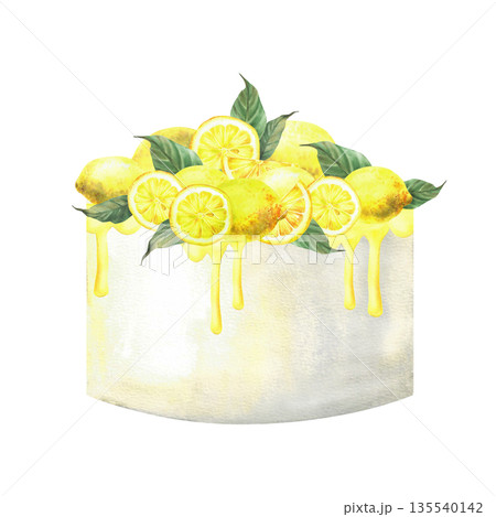 Watercolor cake with lemon fruit. Baking sponge cake, white dessert with yellow icing and whole lemons and slices with leaves. Hand drawn isolated from background clipart for wedding, birthday party. 135540142