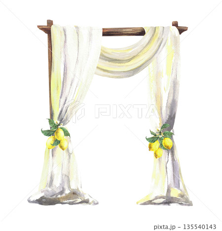 Wooden square wedding arch decorated with lemon fruit and white curtain drapery. Watercolor hand drawn isolated from background illustration for Italian, Sicilian Mediterranean style festive decor. 135540143