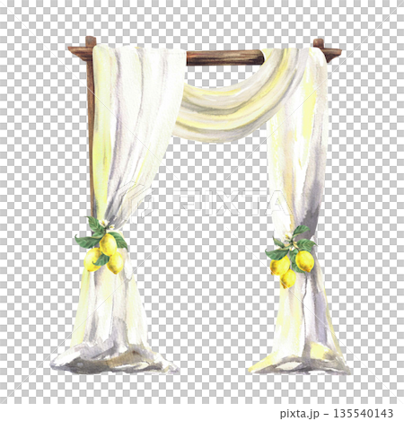 Wooden square wedding arch decorated with lemon fruit and white curtain drapery. Watercolor hand drawn isolated from background illustration for Italian, Sicilian Mediterranean style festive decor. 135540143