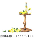 Watercolor Limoncello bottle and drink glass with lemon fruit, slices and leaves on wooden stand. Hand drawn realistic illustration. Italian style wedding design, party decor isolated from background  135540144
