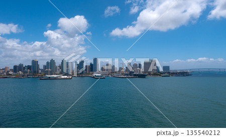 San Diego, California, USA - May 17, 2019: Coast city. Aerial cityscape of bay with building and ocean. Skyline and cityscape. San Diego Bay. Tuna Harbor At California In San Diego, USA San Diego, California, USA - May 17, 2019: Coast city. Aerial cityscape of bay with building and ocean. Skyline and cityscape. San Diego Bay. Tuna Harbor At California In San Diego, USA 135540212