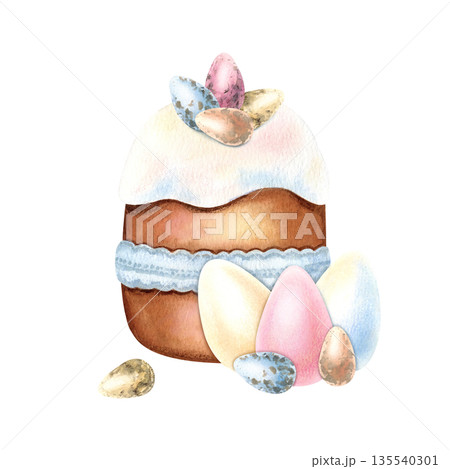 Watercolor Easter tradition cake, tied with lace ribbon, small and large eggs. Quail eggs on top of icing bakery in pastel colors. Festive Sunday breakfast. Delicate hand drawn isolated Illustration 135540301