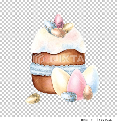 Watercolor Easter tradition cake, tied with lace ribbon, small and large eggs. Quail eggs on top of icing bakery in pastel colors. Festive Sunday breakfast. Delicate hand drawn isolated Illustration 135540301