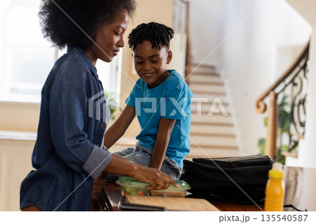 Mother preparing lunch while son sits on kitchen counter, smiling warmly Mother preparing lunch while son sits on kitchen counter, smiling warmly 135540587