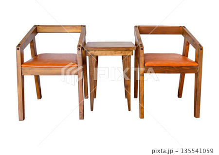 Vintage set of small wooden table and chair with leather cushion isolated on white background, 135541059