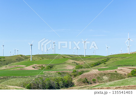 丘に聳える風力発電所（自然エネルギーイメージ） 135541403
