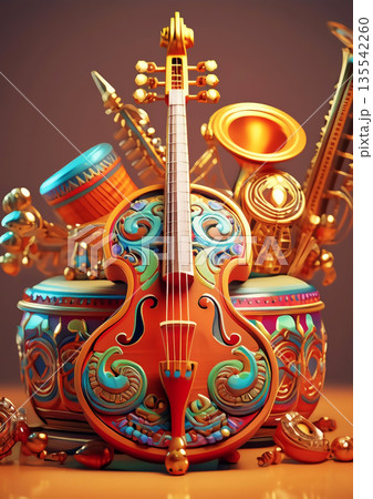 スタンドに立てかけたバイオリンの3dイラスト 135542260