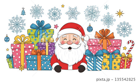 Jolly santa claus surrounded by numerous colorful gift boxes and delicate snowflakes on white background Jolly santa claus surrounded by numerous colorful gift boxes and delicate snowflakes on white background 135542825